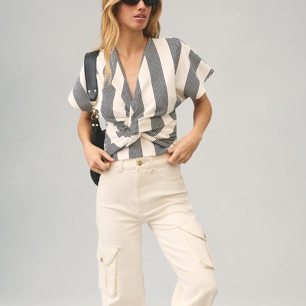 Striped Twist-Front Short Sleeve Top in Cream and Black